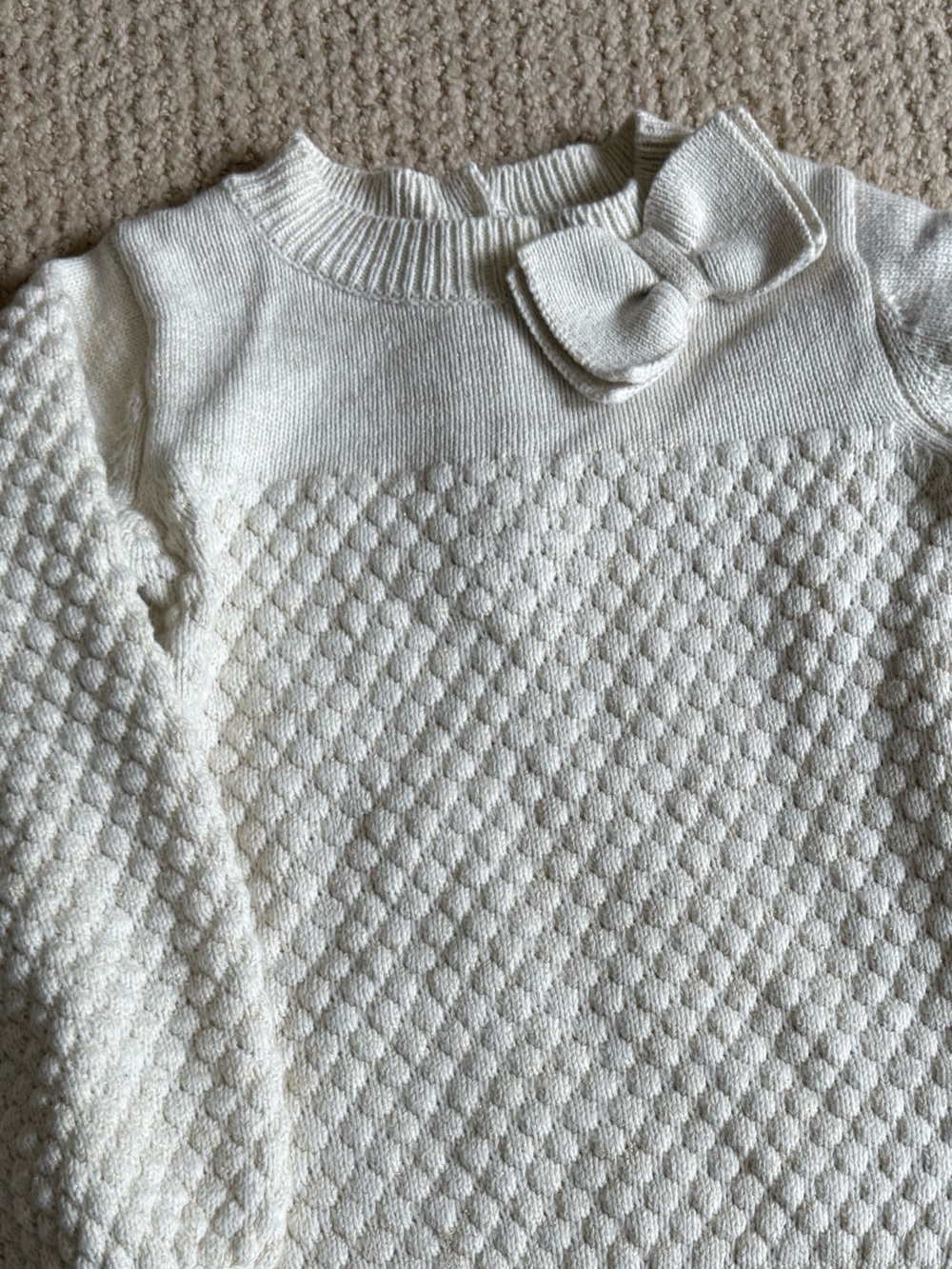 Janie and Jack Cream Textured Off-the-Shoulder Sweater with Bow